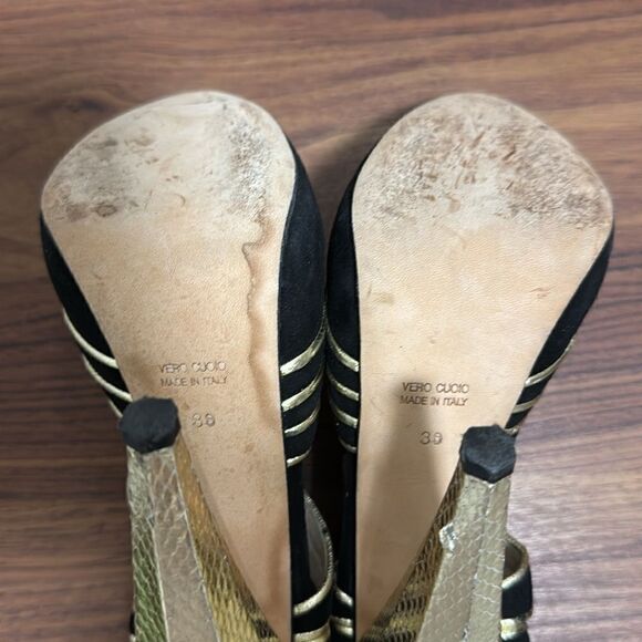 Christie Morris Black Suede & Gold Reptile Stiletto Ankle Strap Shoes. Size 38. - Picture 8 of 11
